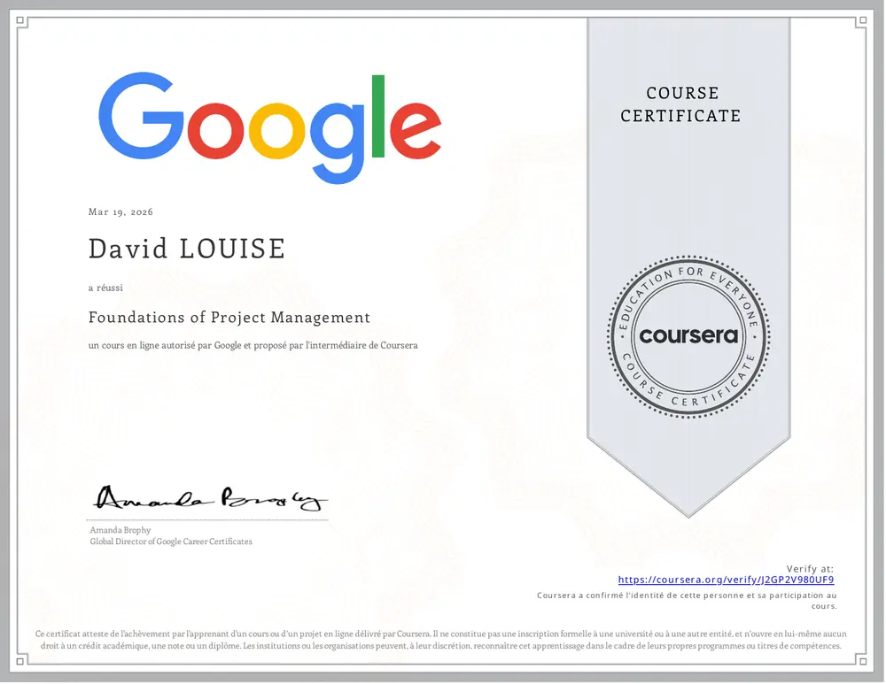 Aperçu du certificat Foundations of Project Management