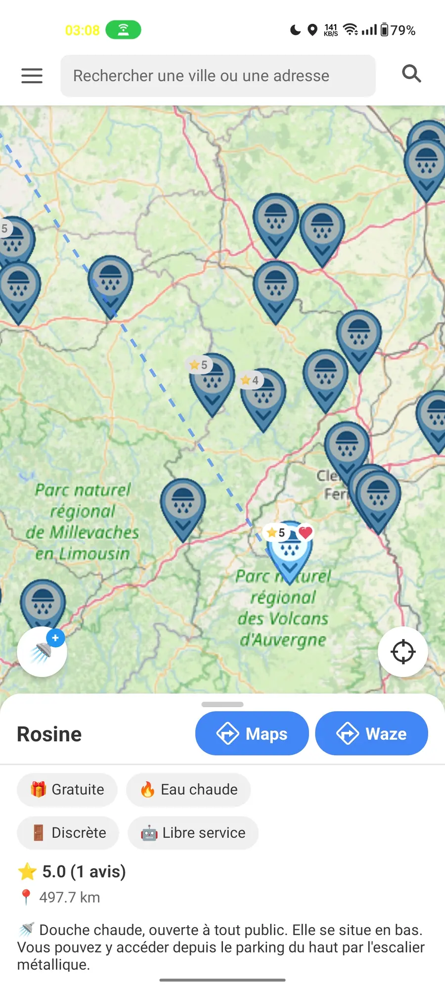 Capture d’écran de l’application Douches Publiques affichant la carte des douches, une fiche de lieu et les actions de navigation