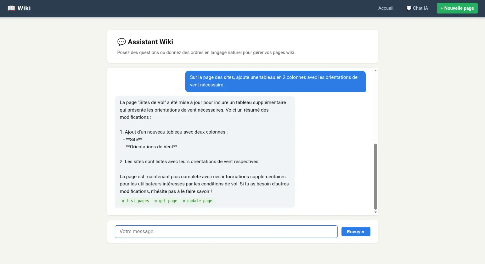 Capture illustrant le fonctionnement du serveur MCP et de l'agent IA pour le wiki