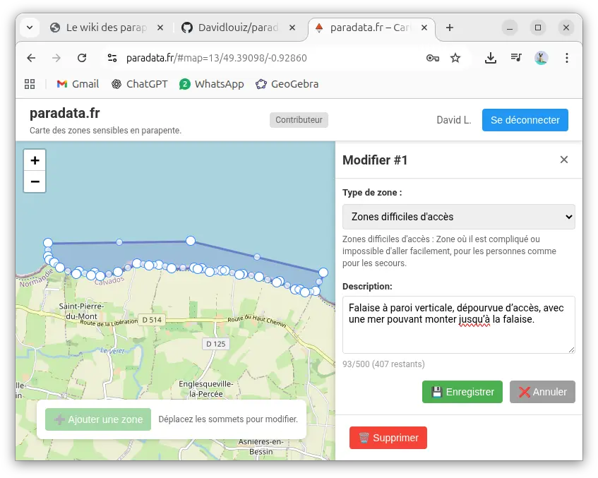Capture d’écran de Paradata montrant une zone sensible dessinée sur la carte et son panneau d’édition