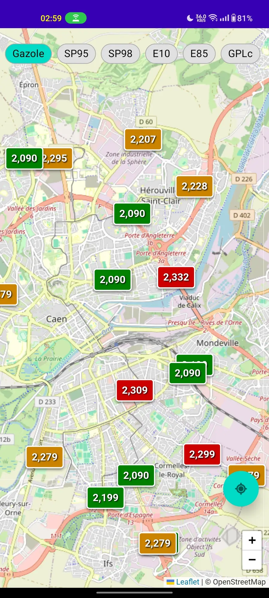Capture d’écran de l’application Android affichant les prix des carburants sur une carte