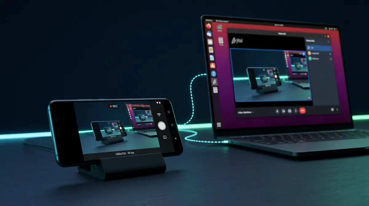 Illustration IA du téléphone utilisé comme webcam pour un PC sous Ubuntu
